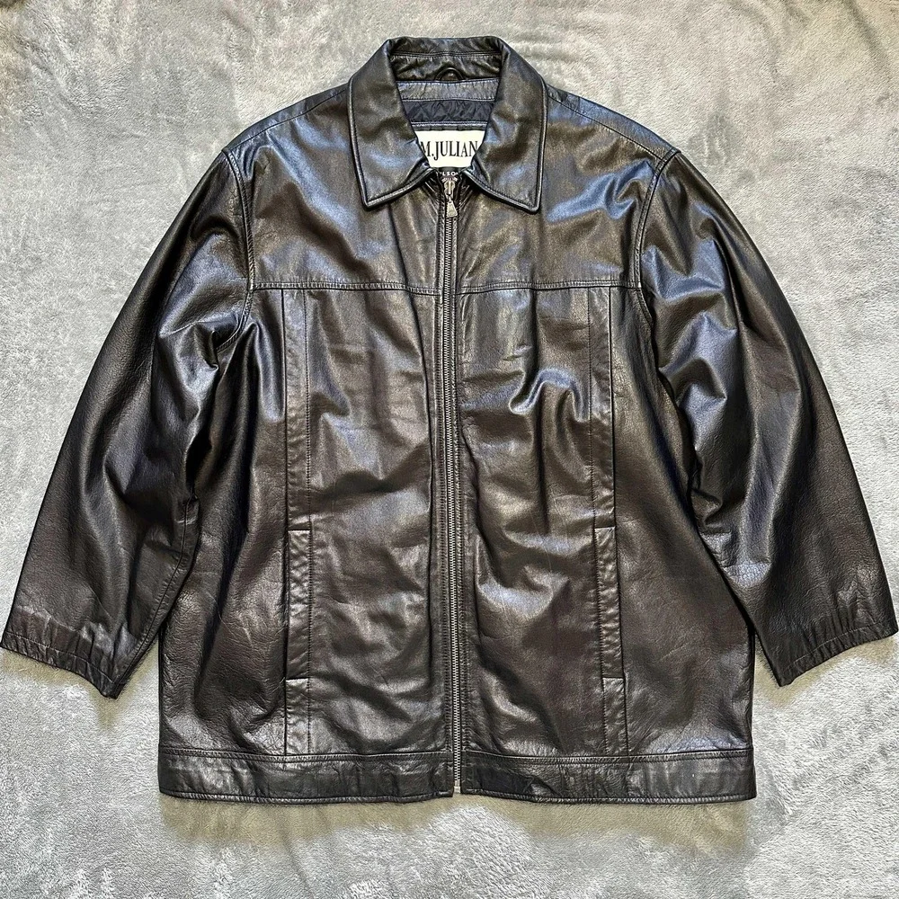 Vintage M JULIAN WILSONS Leather Jacket Mens XL Black Y2K Quilted Lined Zip